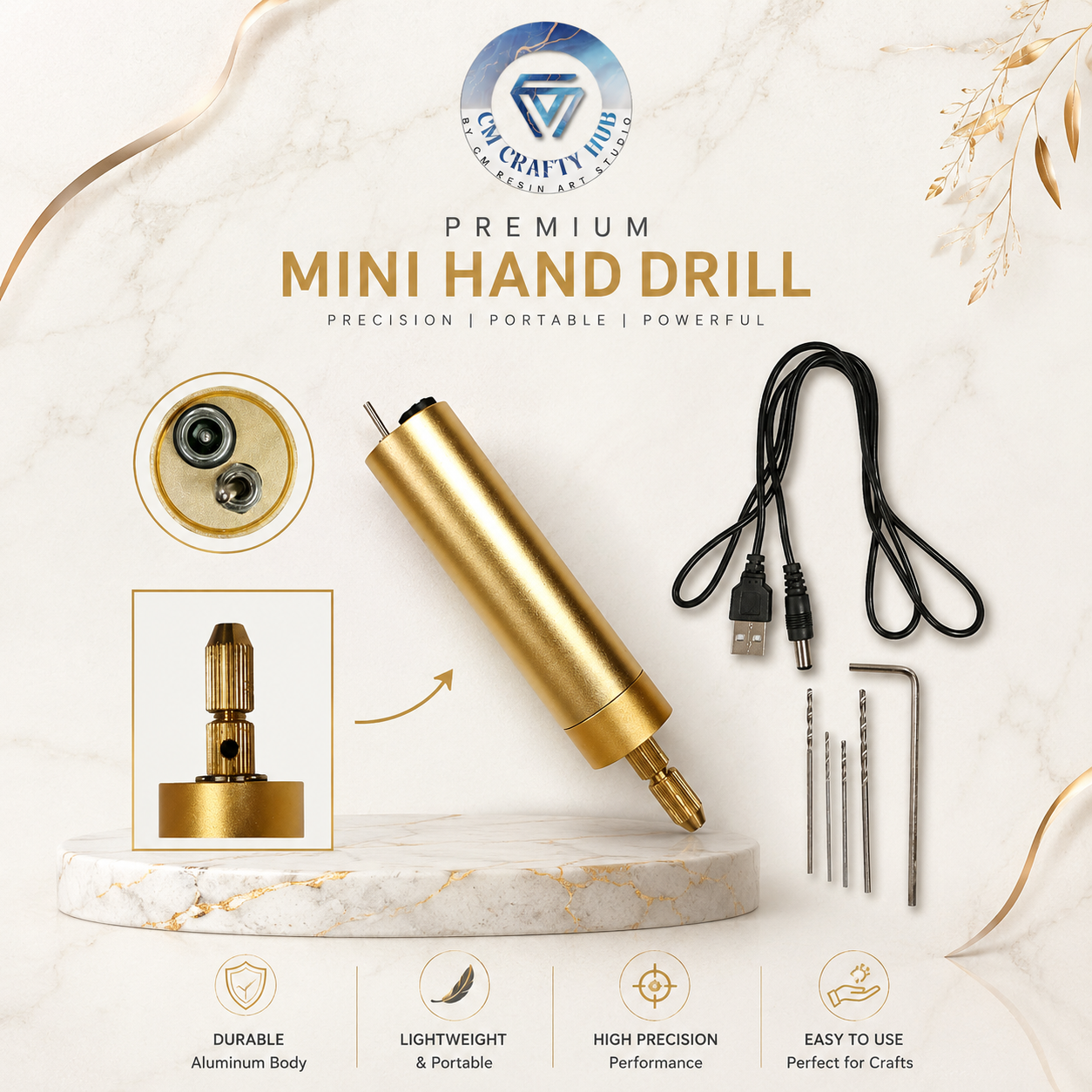 USB-Powered Electric Mini Drill Machine With 4 Bits & Allen Key